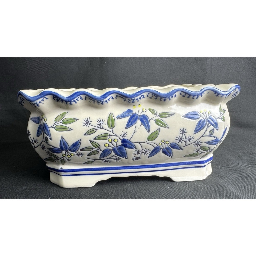 Ceramic Planter Blue/White Ruffled Edge Hand Painted Floral 9" Tall x 4.5" Tall